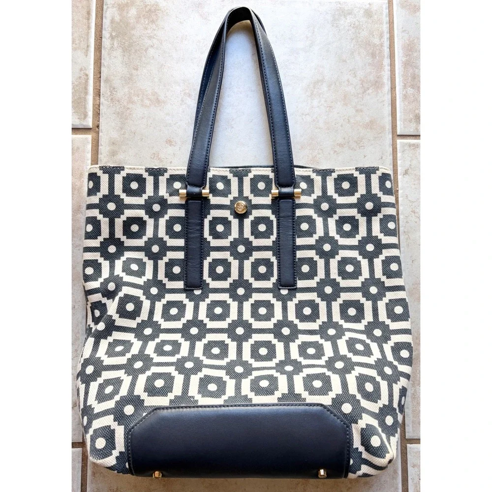 Tory Burch Geometric Canvas Tote Bag Navy Ivory Leather Trim Workwear Resort